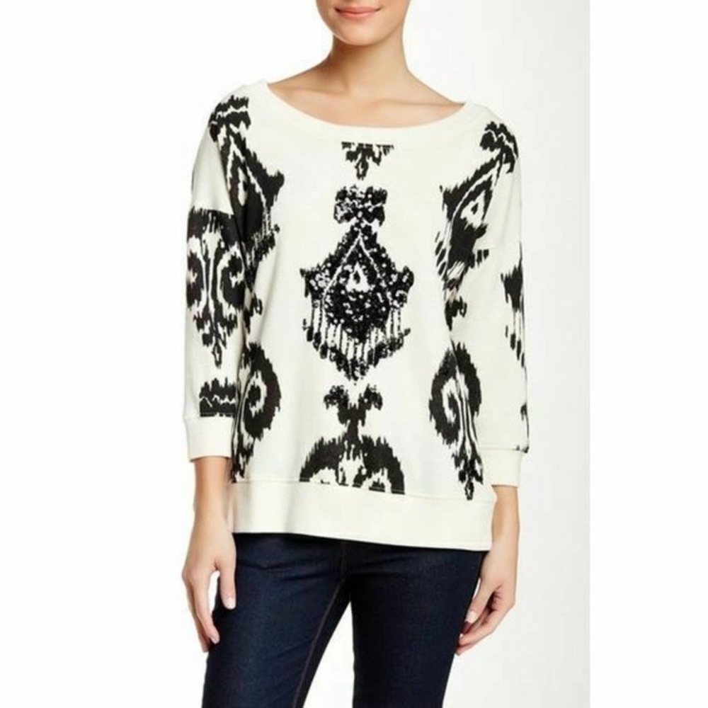 Pam & Gela Lisa Sequin Sweatshirt Top XS Scoop cream black casual sweater Ikat